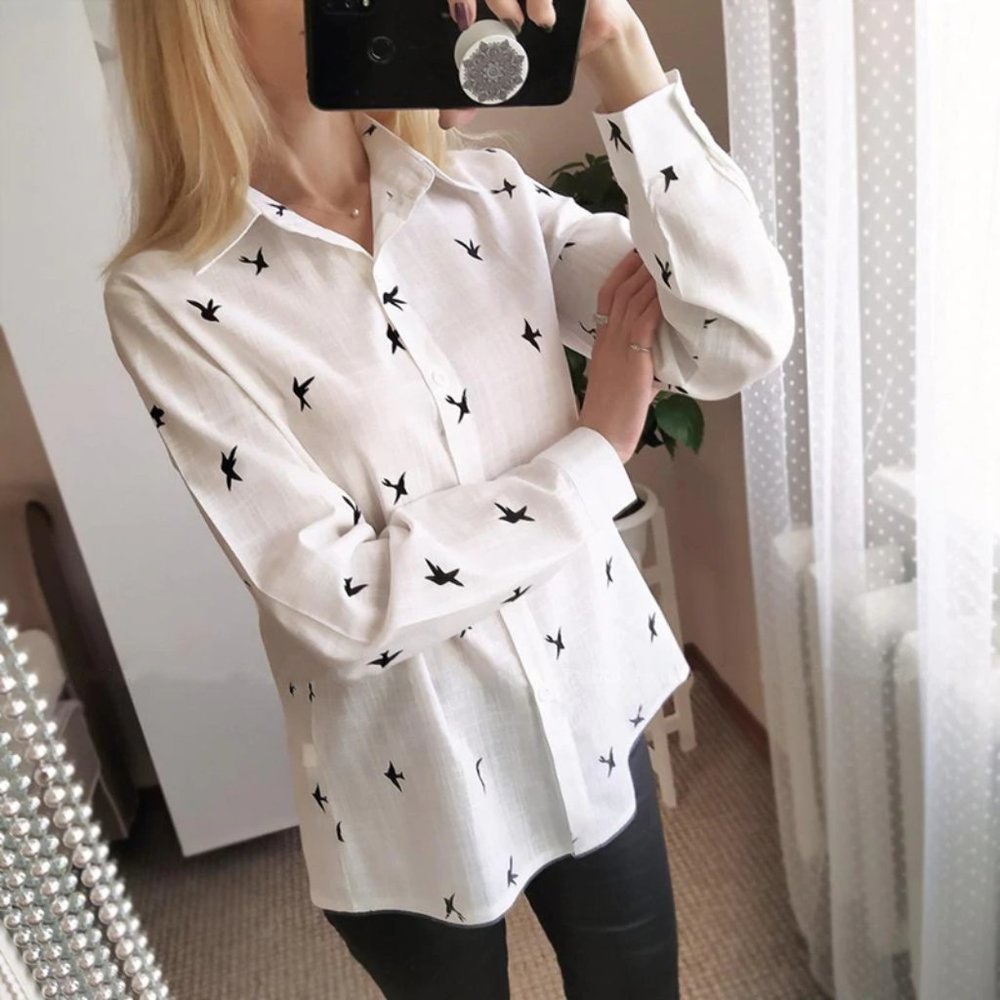 White Ruffle Bird Print Long Sleeve Shirt - Picture 2 of 10